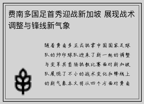 费南多国足首秀迎战新加坡 展现战术调整与锋线新气象 费南多国足首秀迎战新加坡 展现战术调整与锋线新气象