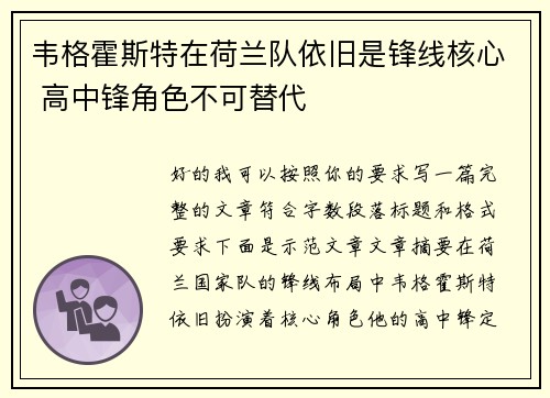 韦格霍斯特在荷兰队依旧是锋线核心 高中锋角色不可替代
