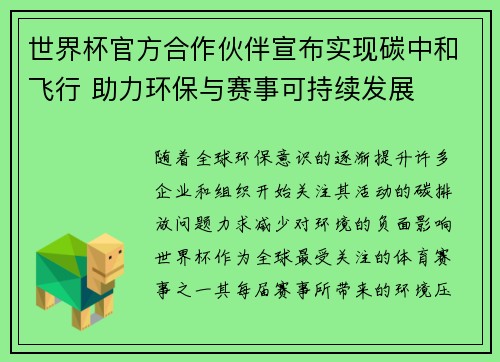 世界杯官方合作伙伴宣布实现碳中和飞行 助力环保与赛事可持续发展